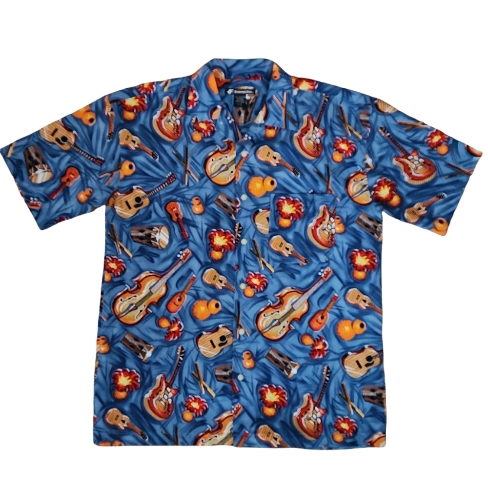 Ferruche Made‎ in Korea Vintage Hawaiian Shirt Music Print Guitars Drums Medium